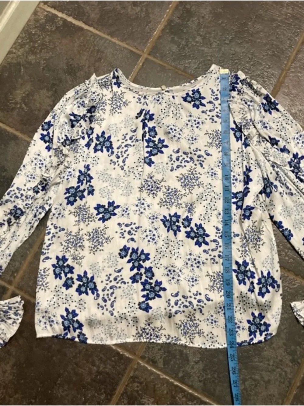 LOFT Floral Mixed Media Ruffle Sleeve Top Size M